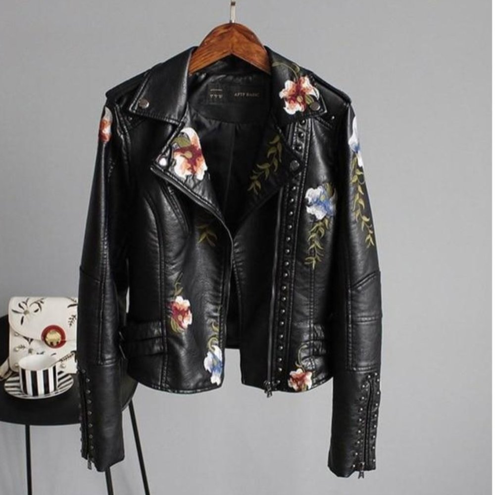 *New* Black Leather Floral Jacket w/ Studs